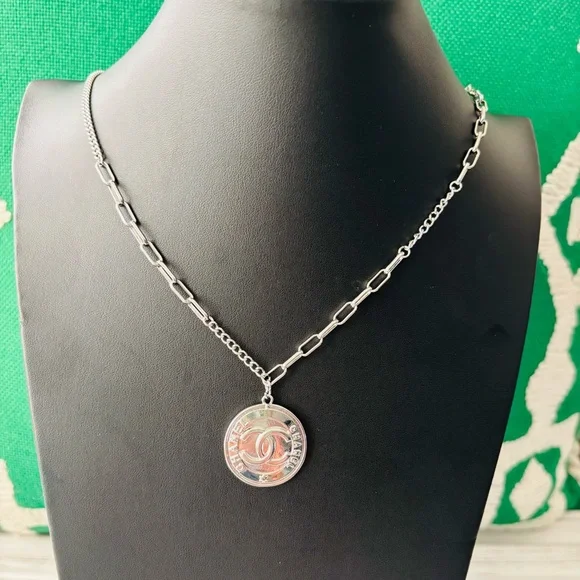 Silver Chain Long Necklace with Round Pendant. Stainless Steel. NWOT - Picture 1 of 5